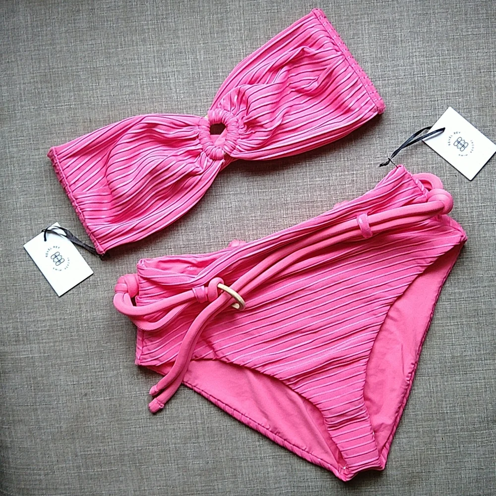 Revel Rey Bright Pink Bandeau Strapless High Rise Bikini Resort Claire Hayes